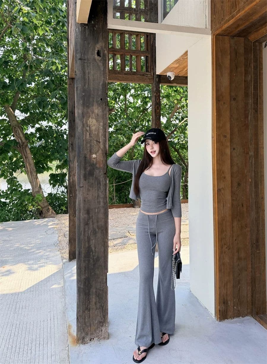 캐주얼 스포츠 슈트 쇼트 스타일 긴팔 오픈 가디건 인사이드 가져 가라. 슬립 여성 봄 가을 펌프 로프 부츠컷 바지 회색 3종 세트 상세 이미지 3
