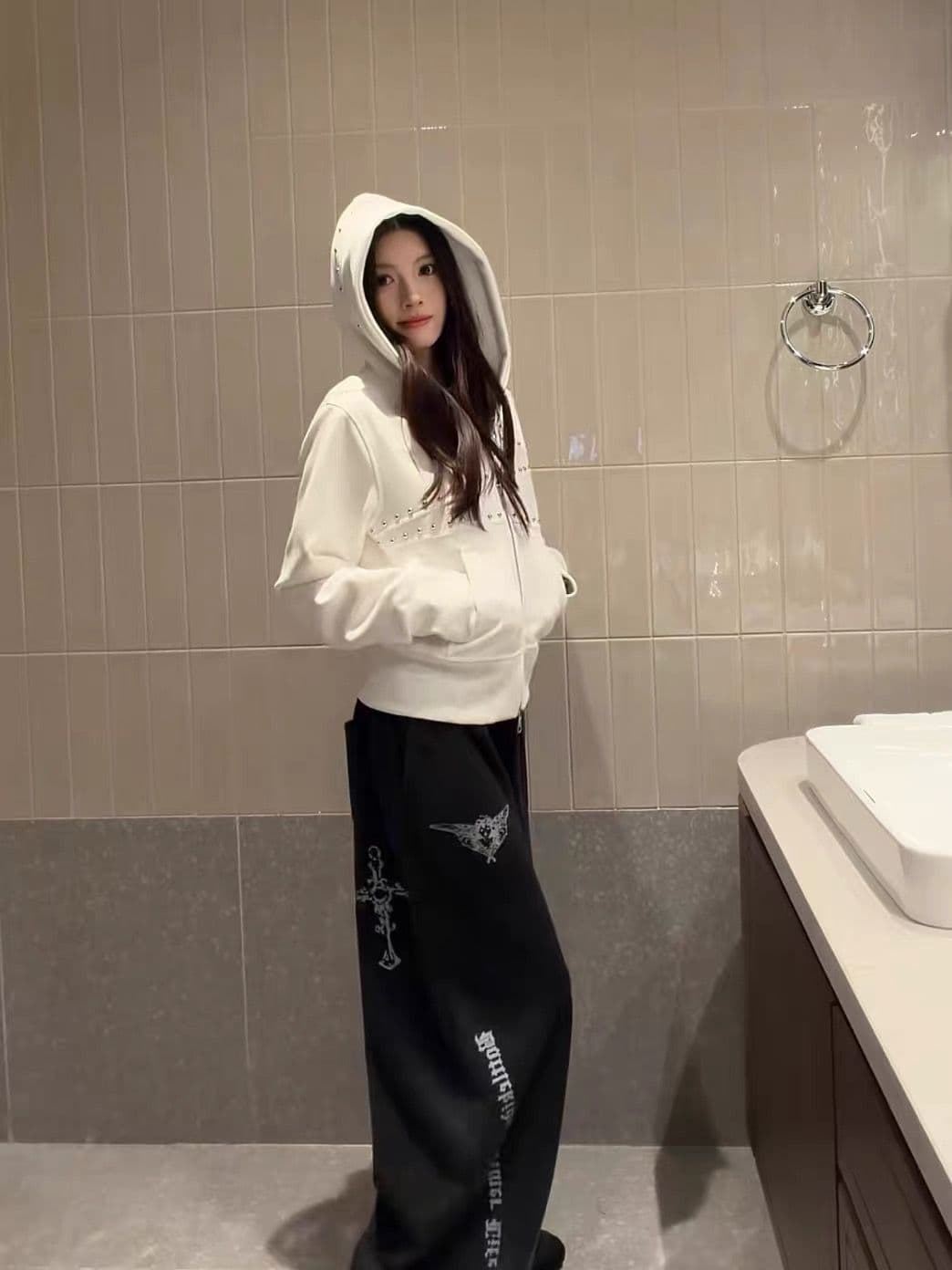 얇은 스타일 이후 패키지 칼라 순수한 Mianhua 면 복합 후드티 여성 상세 이미지 9