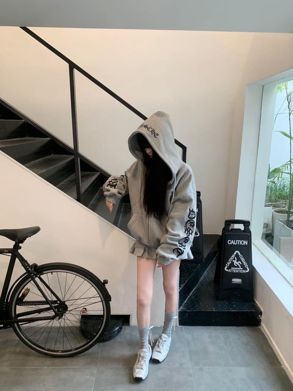 얇은 스타일 털이 있는 원본 솜씨 후아 남편 그리드 복합 후드티 여성 이미지 3