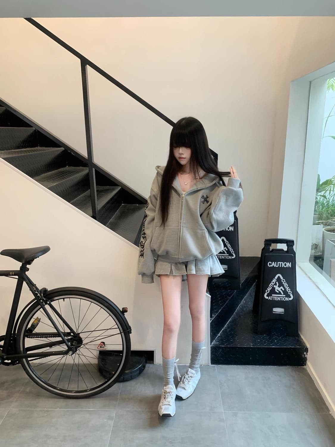 얇은 스타일 털이 있는 원본 솜씨 후아 남편 그리드 복합 후드티 여성 상세 이미지 3