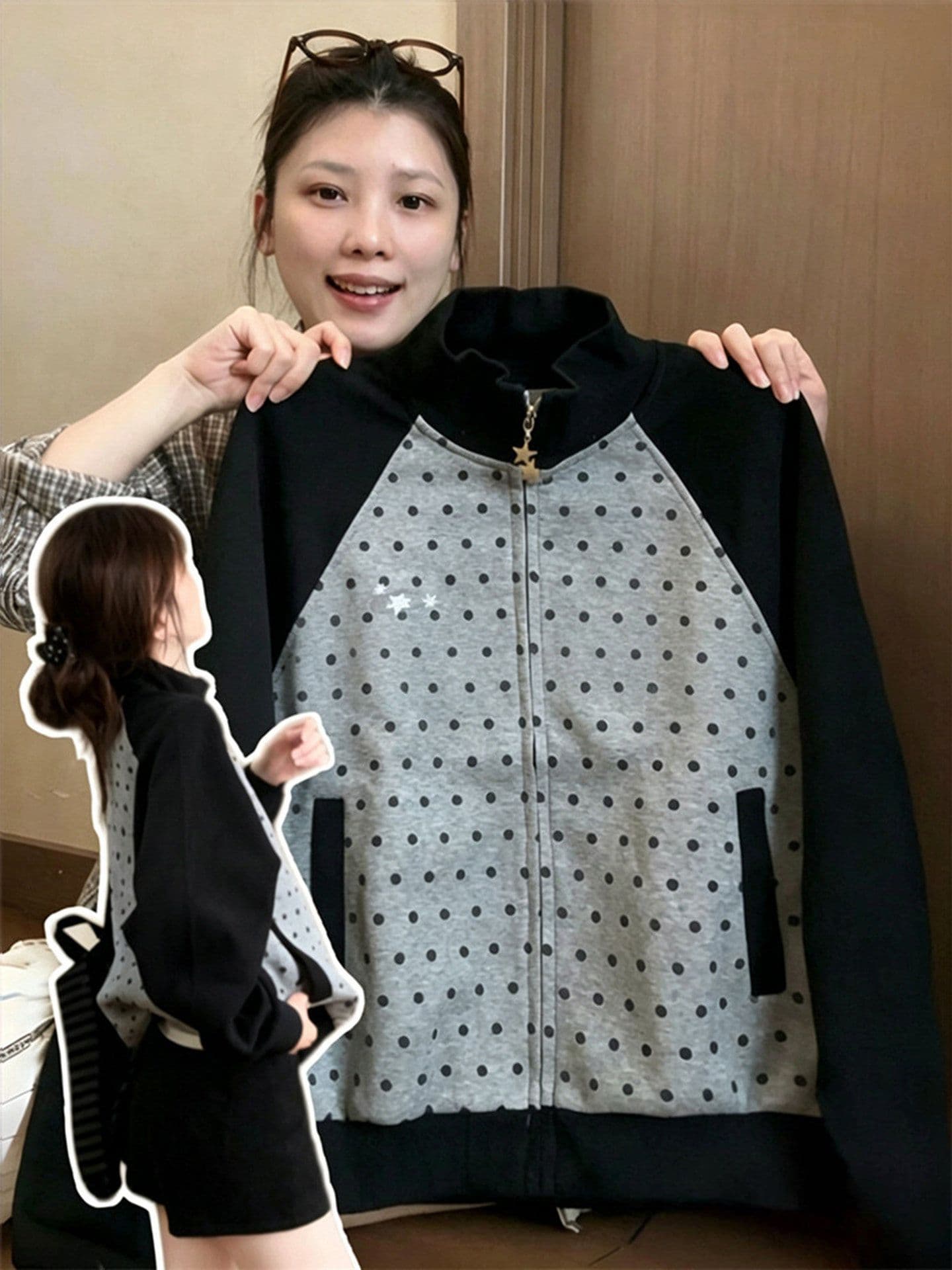 얇은 스타일 백금 지퍼 자수 클립 칼라 것 순수한 Mianhua 면 복합 후드티 여성 상세 이미지 2