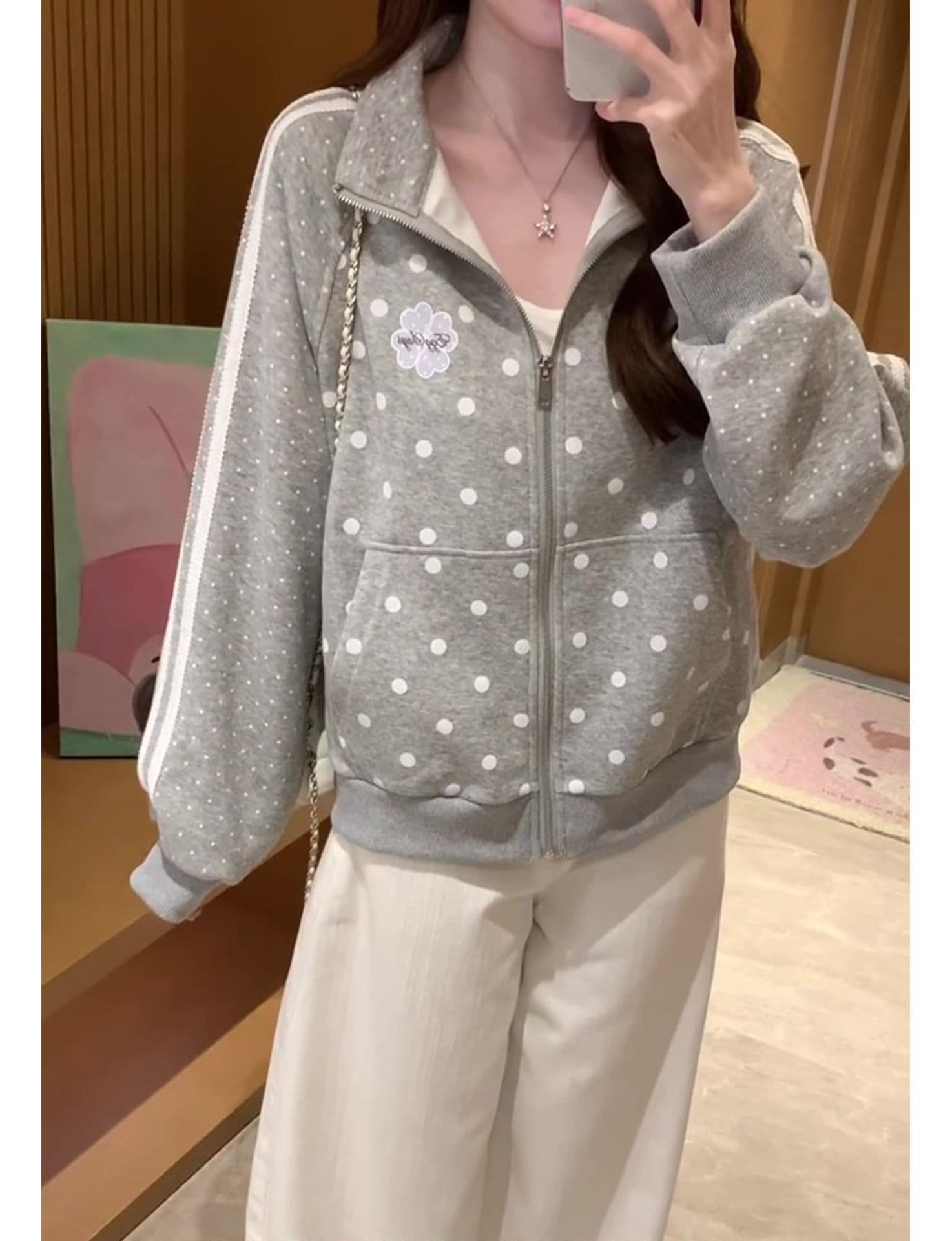 얇은 스타일 백금 지퍼 레이스 당겨서 기사 클립 칼라 것 순수한 Mianhua 면 복합 후드티 여성 상세 이미지 2