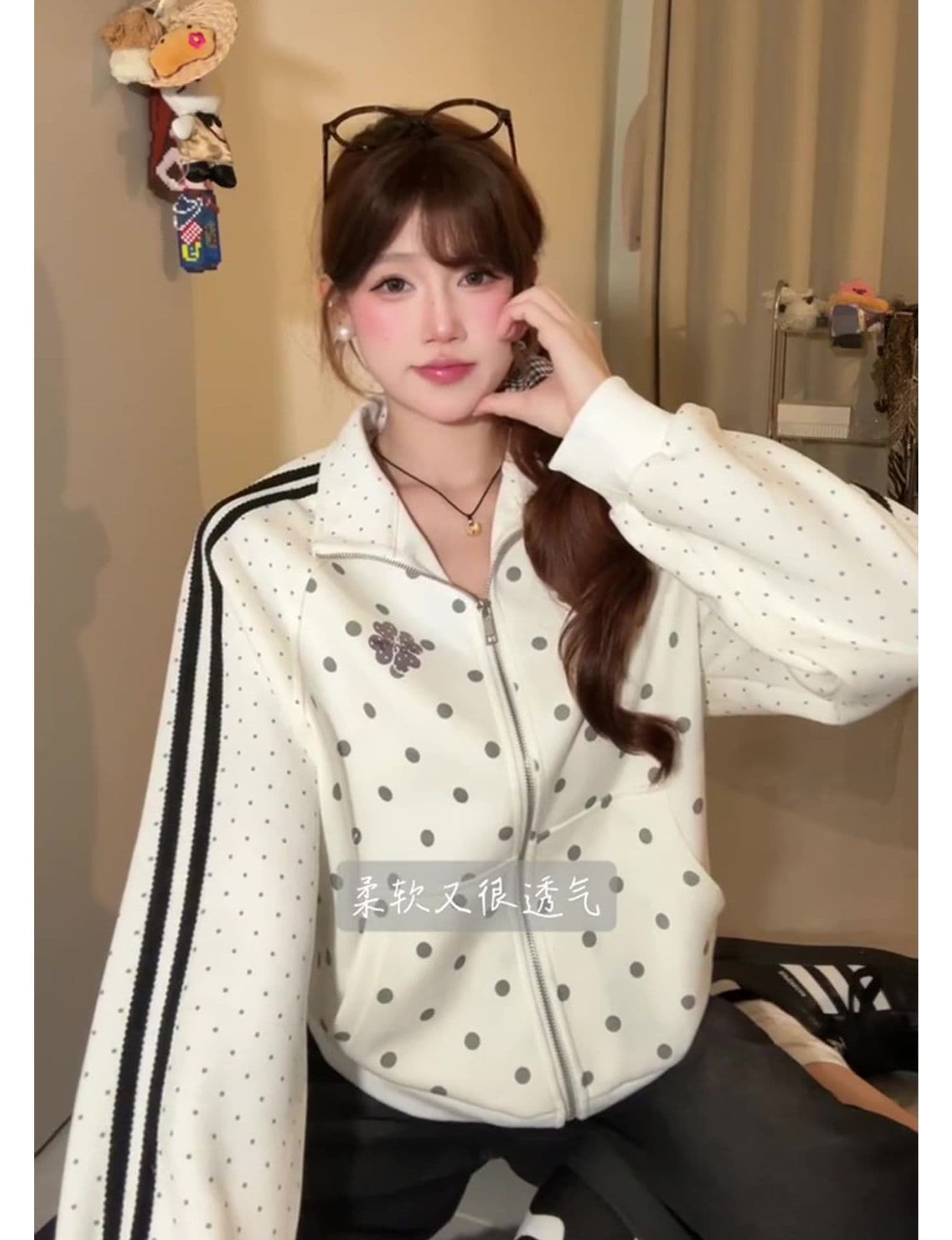 얇은 스타일 백금 지퍼 레이스 당겨서 기사 클립 칼라 것 순수한 Mianhua 면 복합 후드티 여성 상세 이미지 9