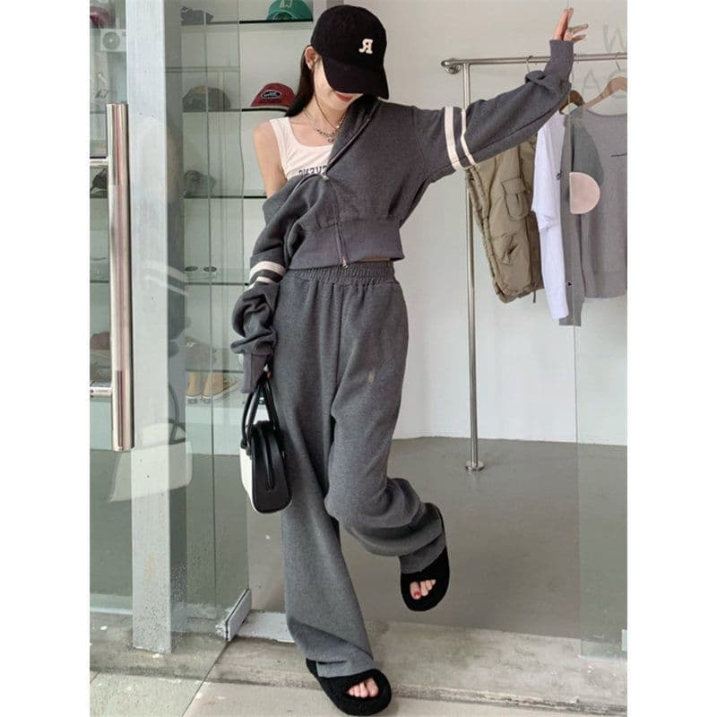 운동 캐주얼 세트 여성 이른 가을 새로운 튀김 거리 후아 남편 그리드 지퍼 후드티 와이드 레그 팬츠 투피스 세트