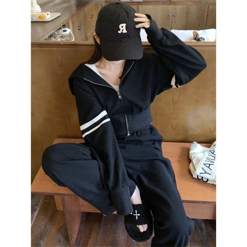 운동 캐주얼 세트 여성 이른 가을 새로운 튀김 거리 후아 남편 그리드 지퍼 후드티 와이드 레그 팬츠 투피스 세트 이미지 5