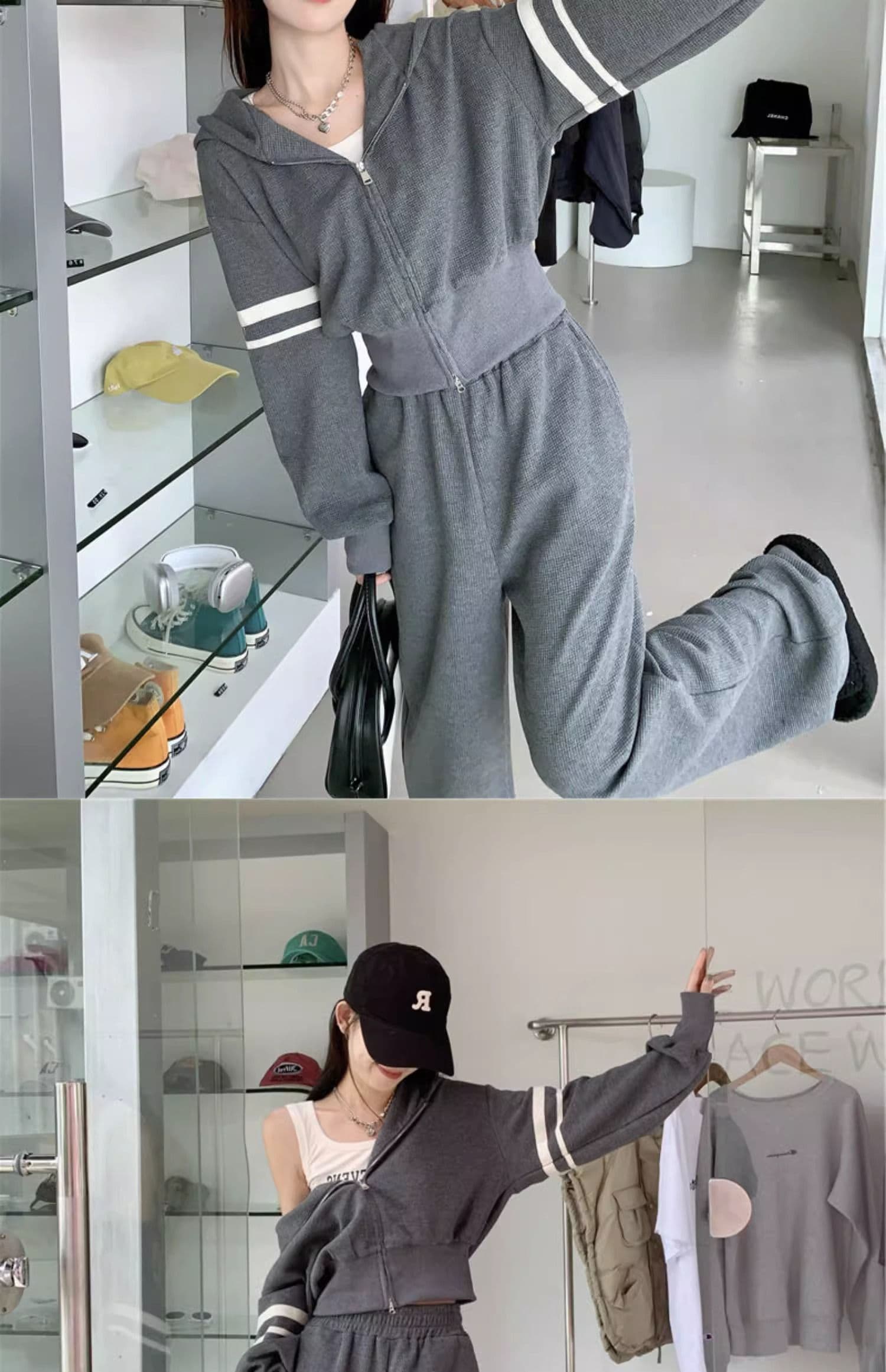 운동 캐주얼 세트 여성 이른 가을 새로운 튀김 거리 후아 남편 그리드 지퍼 후드티 와이드 레그 팬츠 투피스 세트 상세 이미지 4
