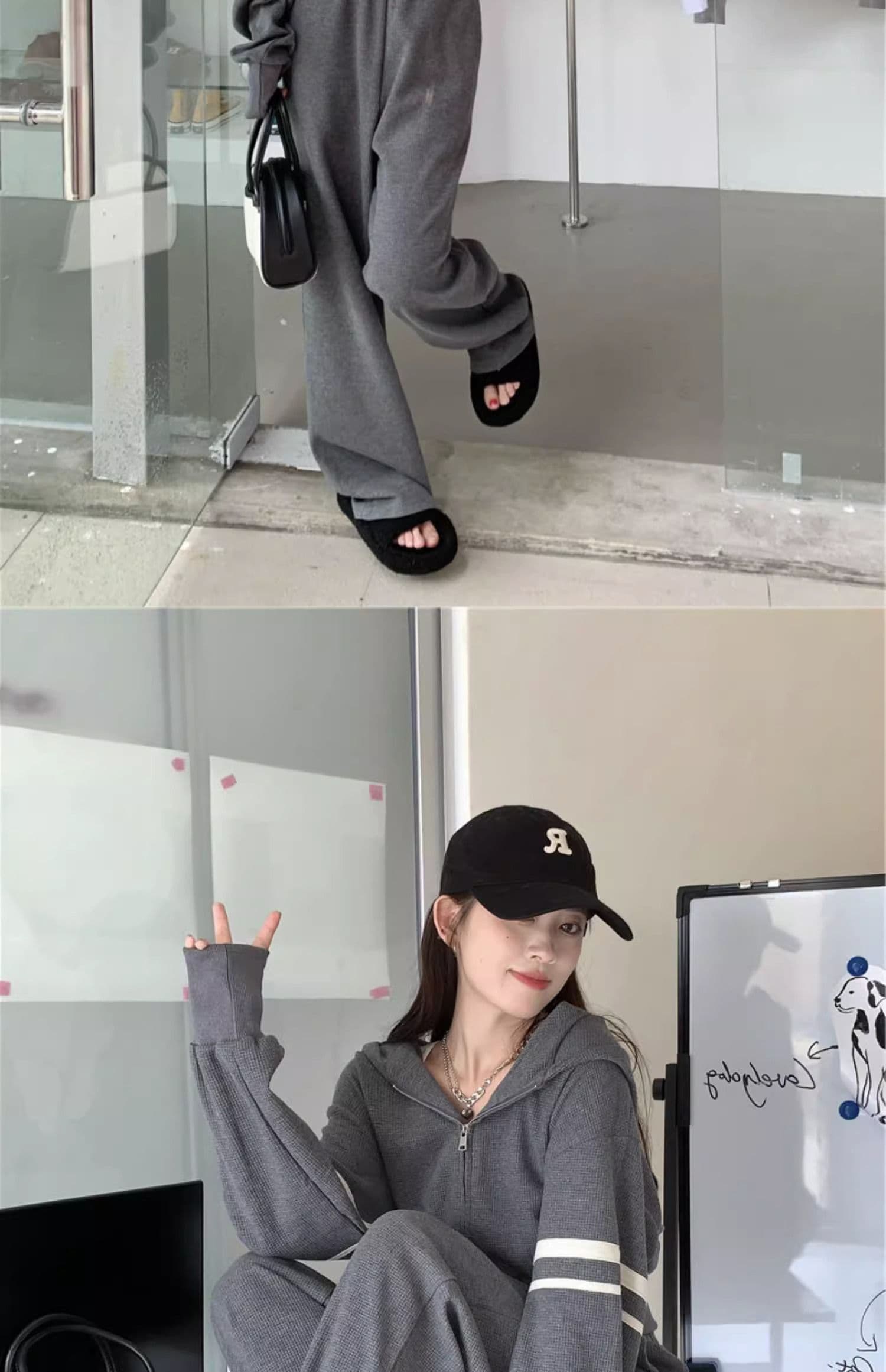 운동 캐주얼 세트 여성 이른 가을 새로운 튀김 거리 후아 남편 그리드 지퍼 후드티 와이드 레그 팬츠 투피스 세트 상세 이미지 5