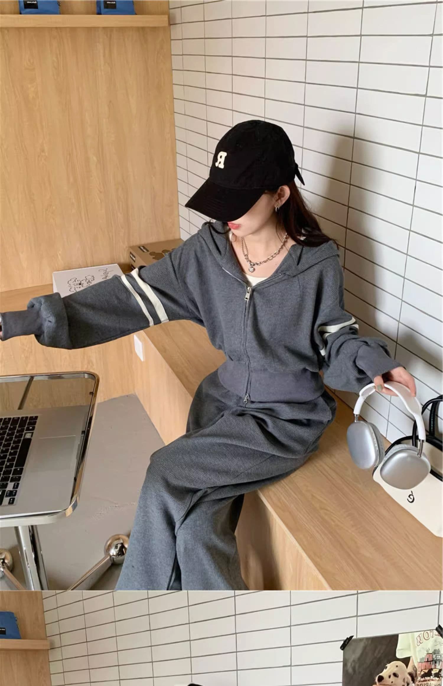 운동 캐주얼 세트 여성 이른 가을 새로운 튀김 거리 후아 남편 그리드 지퍼 후드티 와이드 레그 팬츠 투피스 세트 상세 이미지 7