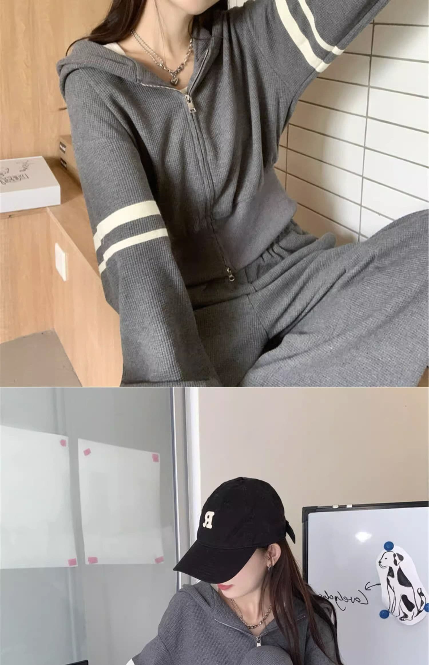 운동 캐주얼 세트 여성 이른 가을 새로운 튀김 거리 후아 남편 그리드 지퍼 후드티 와이드 레그 팬츠 투피스 세트 상세 이미지 9