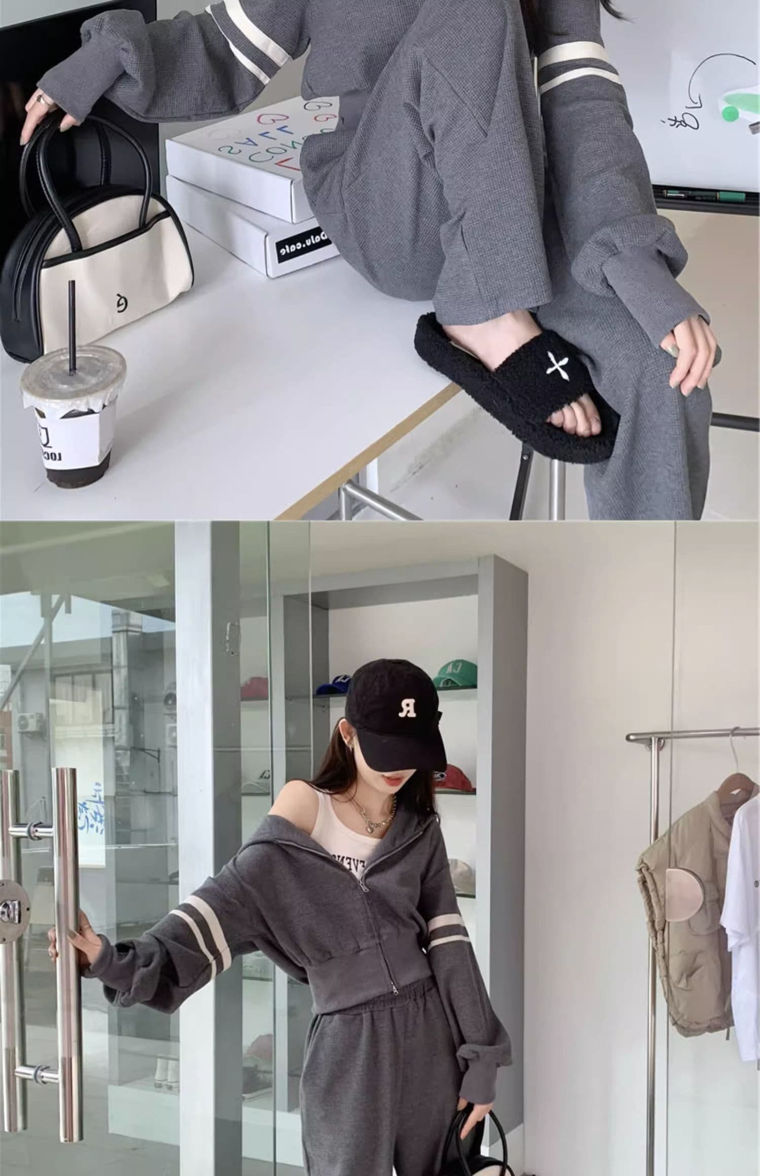 운동 캐주얼 세트 여성 이른 가을 새로운 튀김 거리 후아 남편 그리드 지퍼 후드티 와이드 레그 팬츠 투피스 세트 상세 이미지 10
