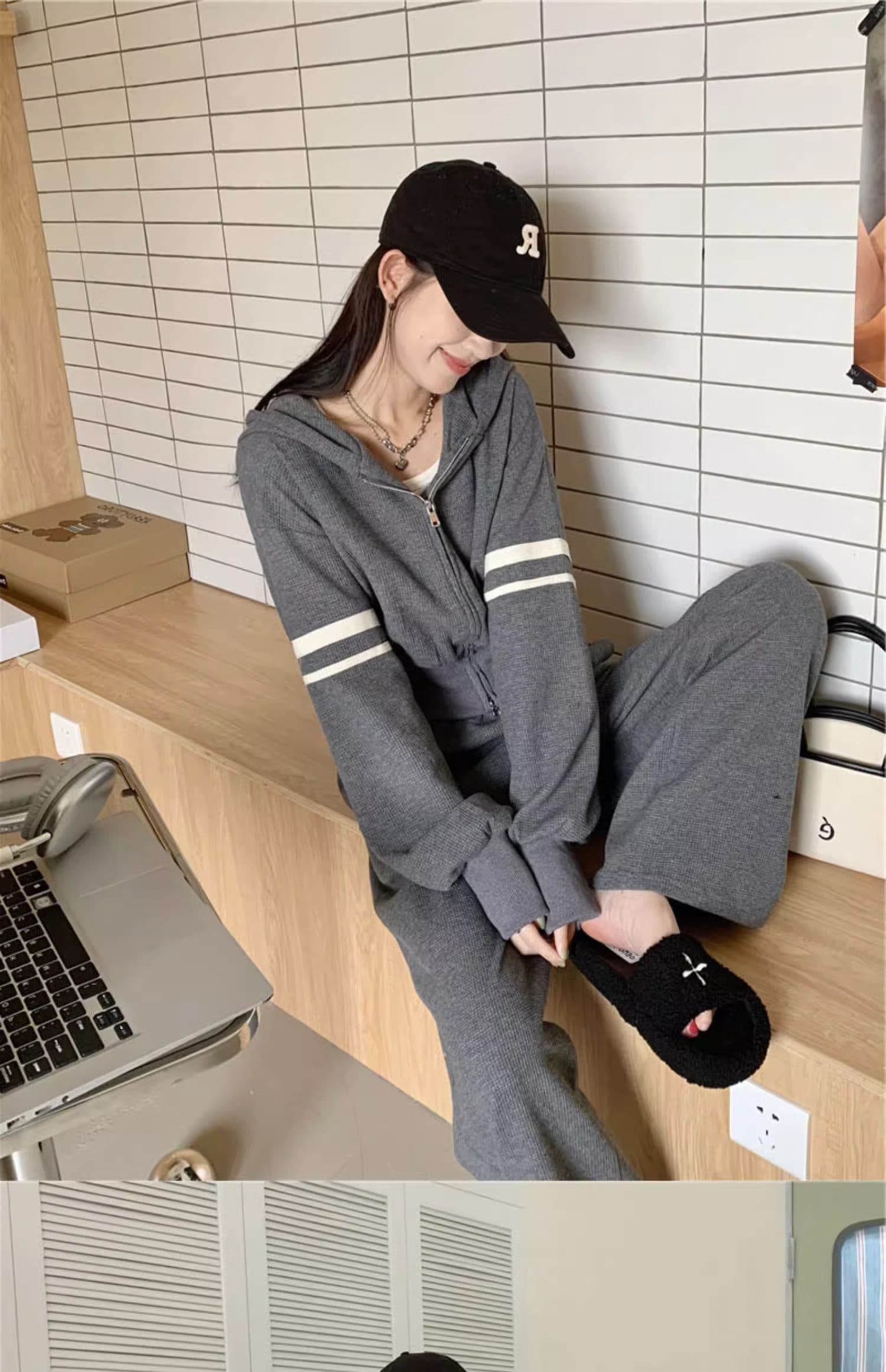 운동 캐주얼 세트 여성 이른 가을 새로운 튀김 거리 후아 남편 그리드 지퍼 후드티 와이드 레그 팬츠 투피스 세트 상세 이미지 12