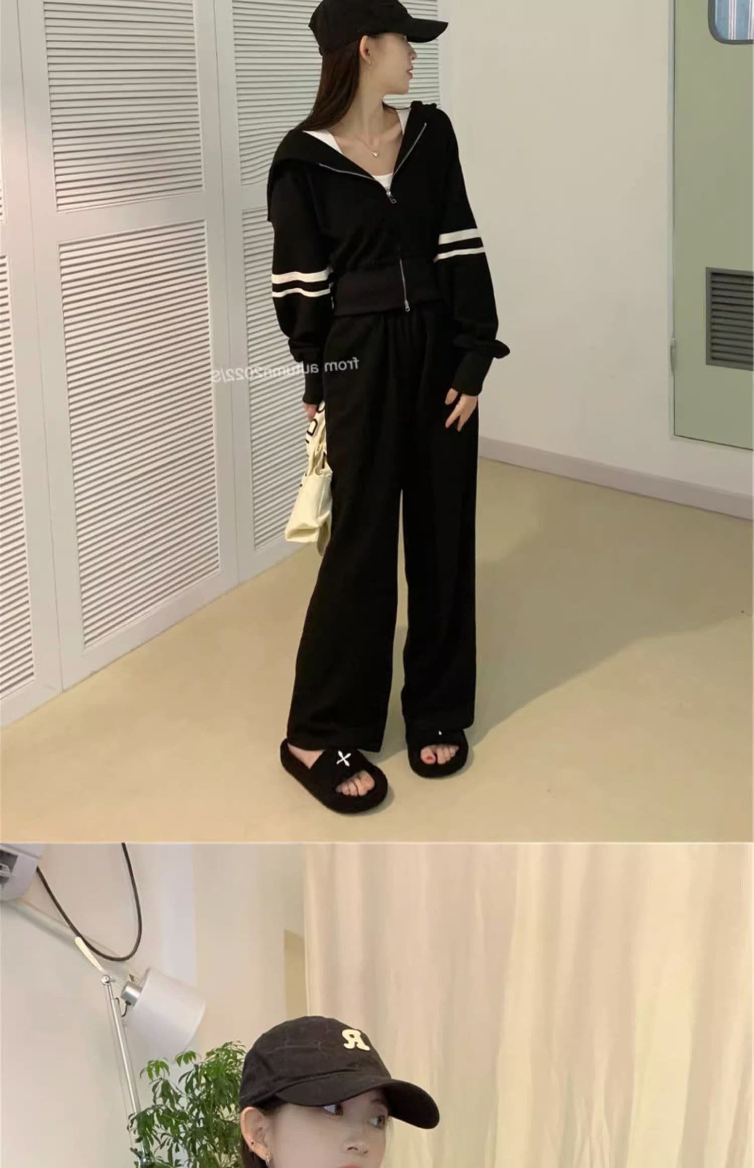 운동 캐주얼 세트 여성 이른 가을 새로운 튀김 거리 후아 남편 그리드 지퍼 후드티 와이드 레그 팬츠 투피스 세트 상세 이미지 13