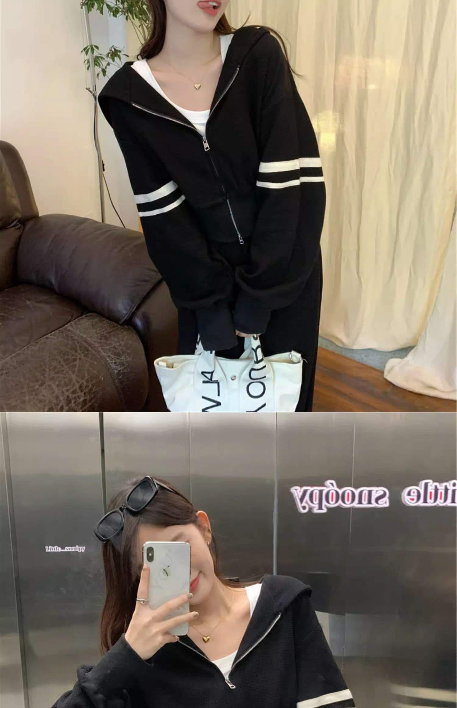 운동 캐주얼 세트 여성 이른 가을 새로운 튀김 거리 후아 남편 그리드 지퍼 후드티 와이드 레그 팬츠 투피스 세트 상세 이미지 14