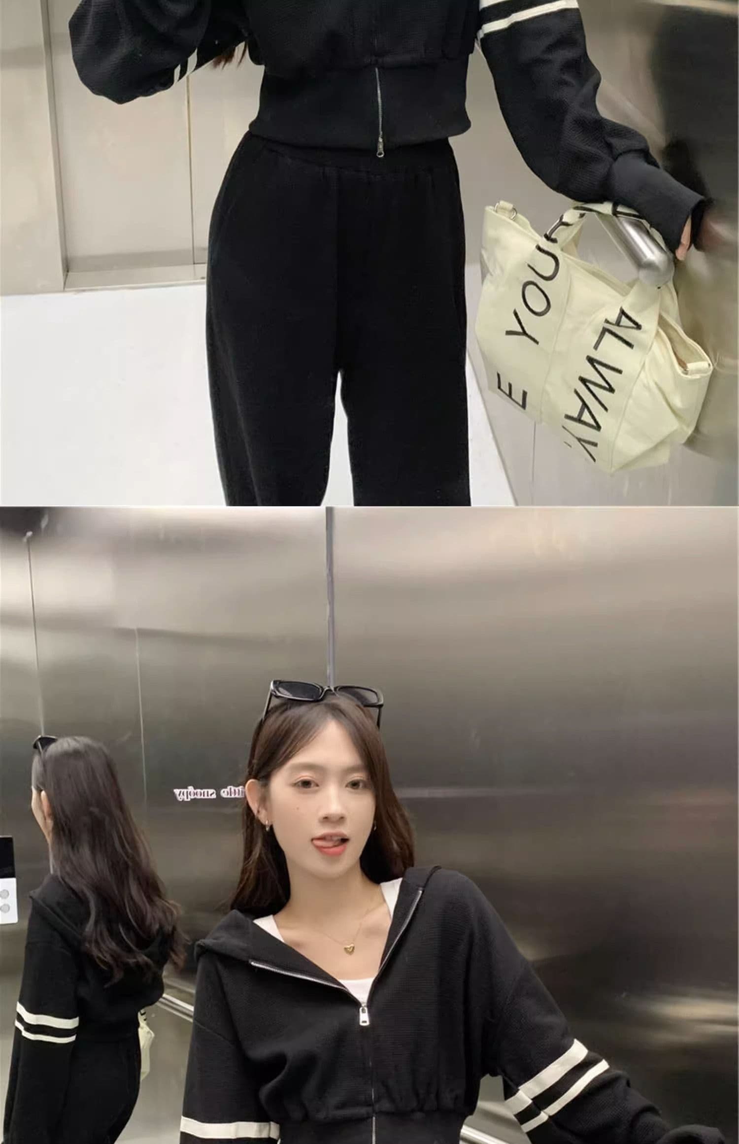 운동 캐주얼 세트 여성 이른 가을 새로운 튀김 거리 후아 남편 그리드 지퍼 후드티 와이드 레그 팬츠 투피스 세트 상세 이미지 15