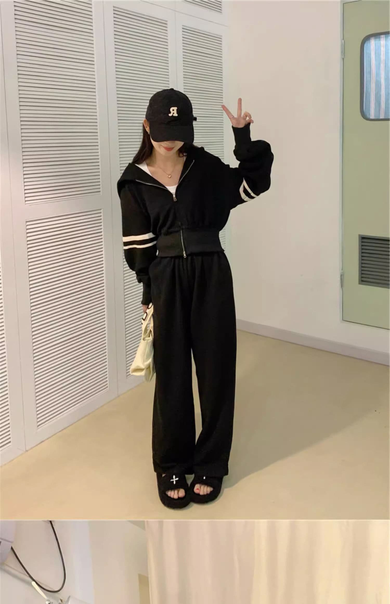 운동 캐주얼 세트 여성 이른 가을 새로운 튀김 거리 후아 남편 그리드 지퍼 후드티 와이드 레그 팬츠 투피스 세트 상세 이미지 22