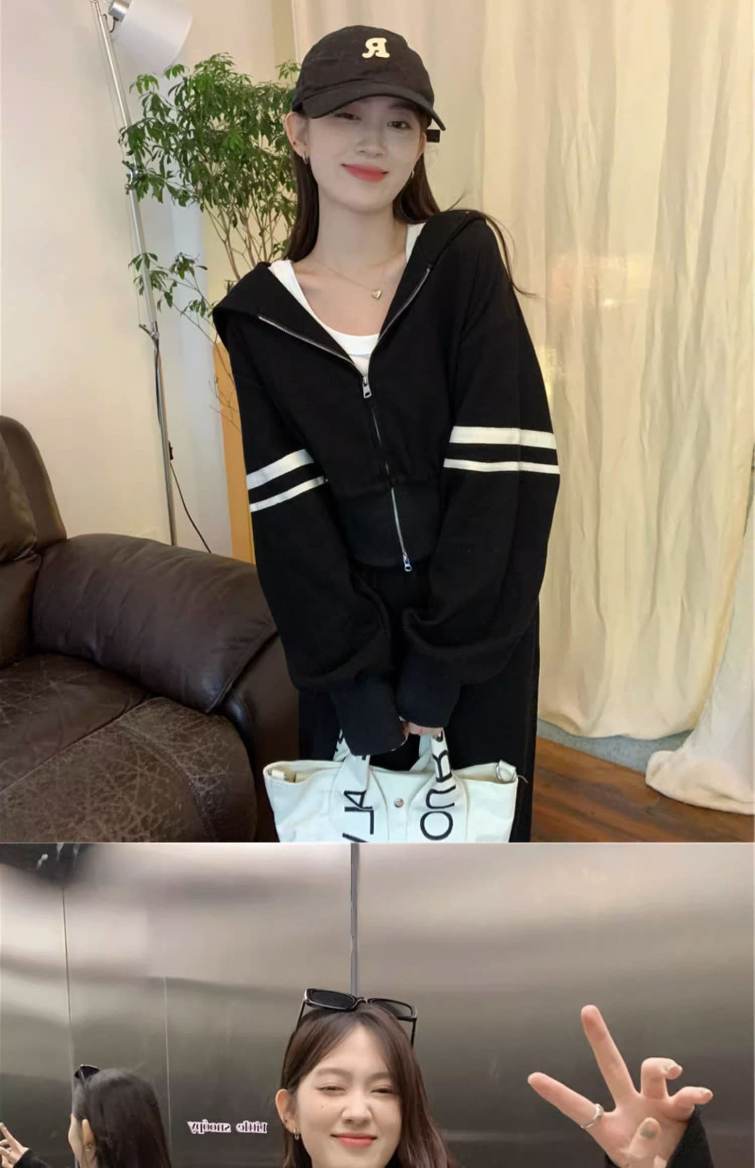 운동 캐주얼 세트 여성 이른 가을 새로운 튀김 거리 후아 남편 그리드 지퍼 후드티 와이드 레그 팬츠 투피스 세트 상세 이미지 23