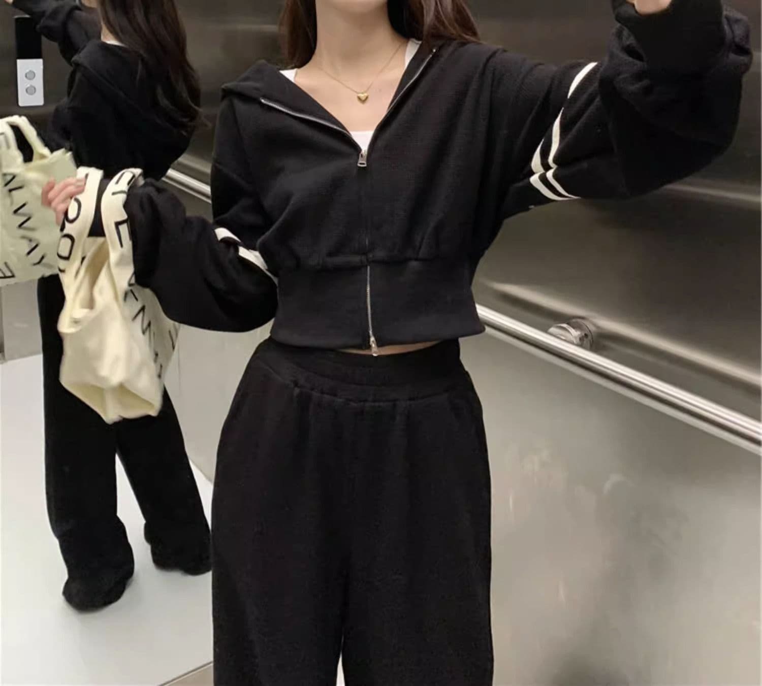 운동 캐주얼 세트 여성 이른 가을 새로운 튀김 거리 후아 남편 그리드 지퍼 후드티 와이드 레그 팬츠 투피스 세트 상세 이미지 24