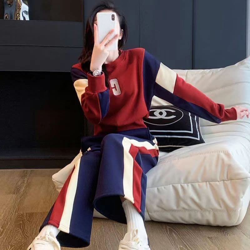 캐주얼 스포츠 슈트 여성 2026 가을 새로운 패치워크 배색 긴팔 후드티 와이드 레그 팬츠 투피스 세트 이미지 2