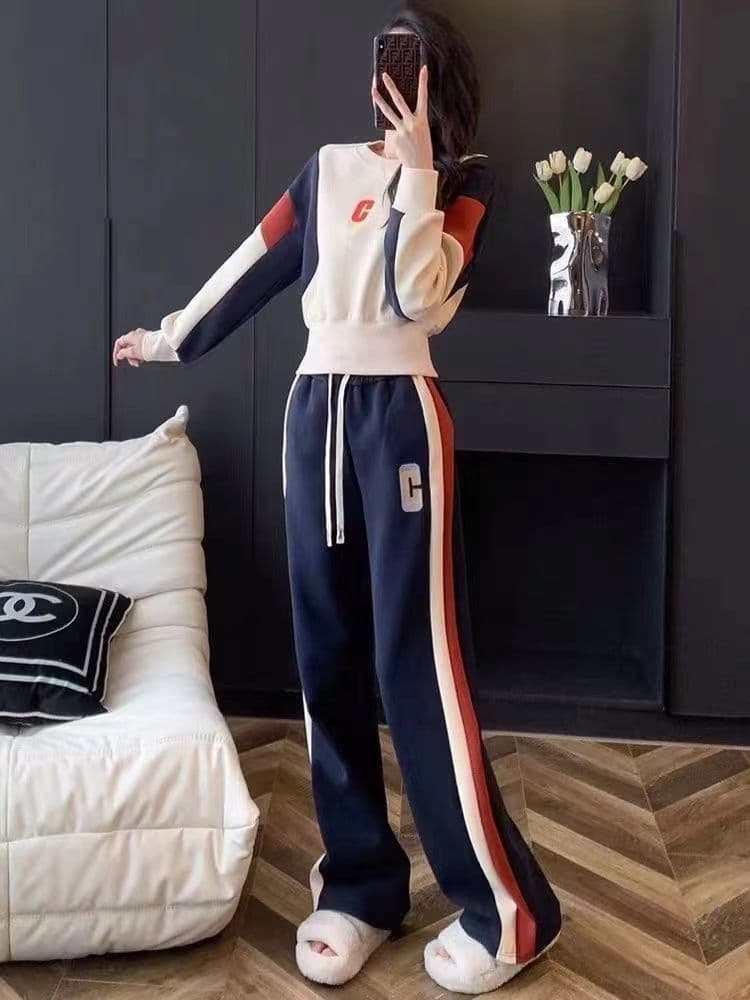 캐주얼 스포츠 슈트 여성 2026 가을 새로운 패치워크 배색 긴팔 후드티 와이드 레그 팬츠 투피스 세트 상세 이미지 9