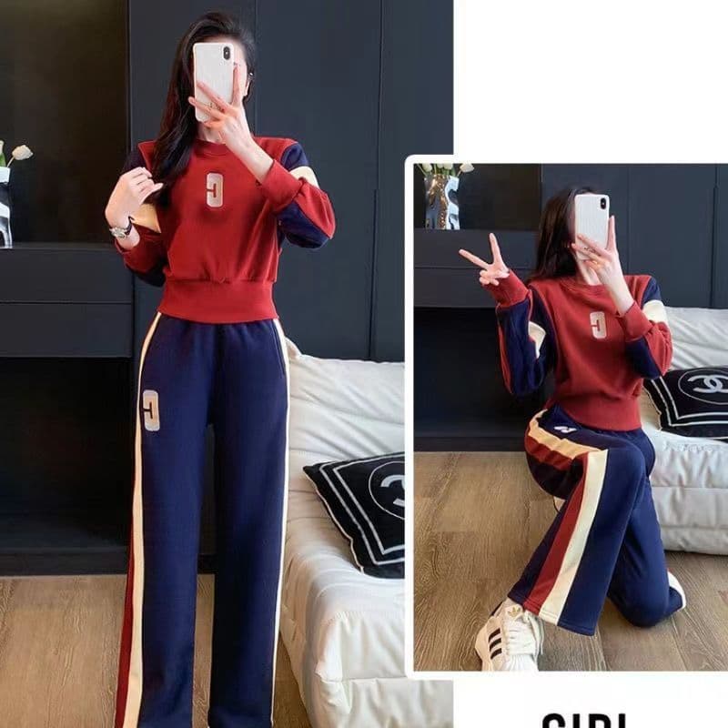 캐주얼 스포츠 슈트 여성 2026 가을 새로운 패치워크 배색 긴팔 후드티 와이드 레그 팬츠 투피스 세트 상세 이미지 15