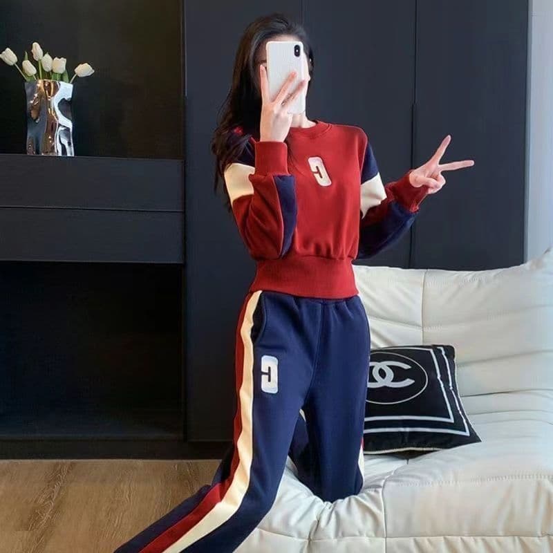 캐주얼 스포츠 슈트 여성 2026 가을 새로운 패치워크 배색 긴팔 후드티 와이드 레그 팬츠 투피스 세트 상세 이미지 20