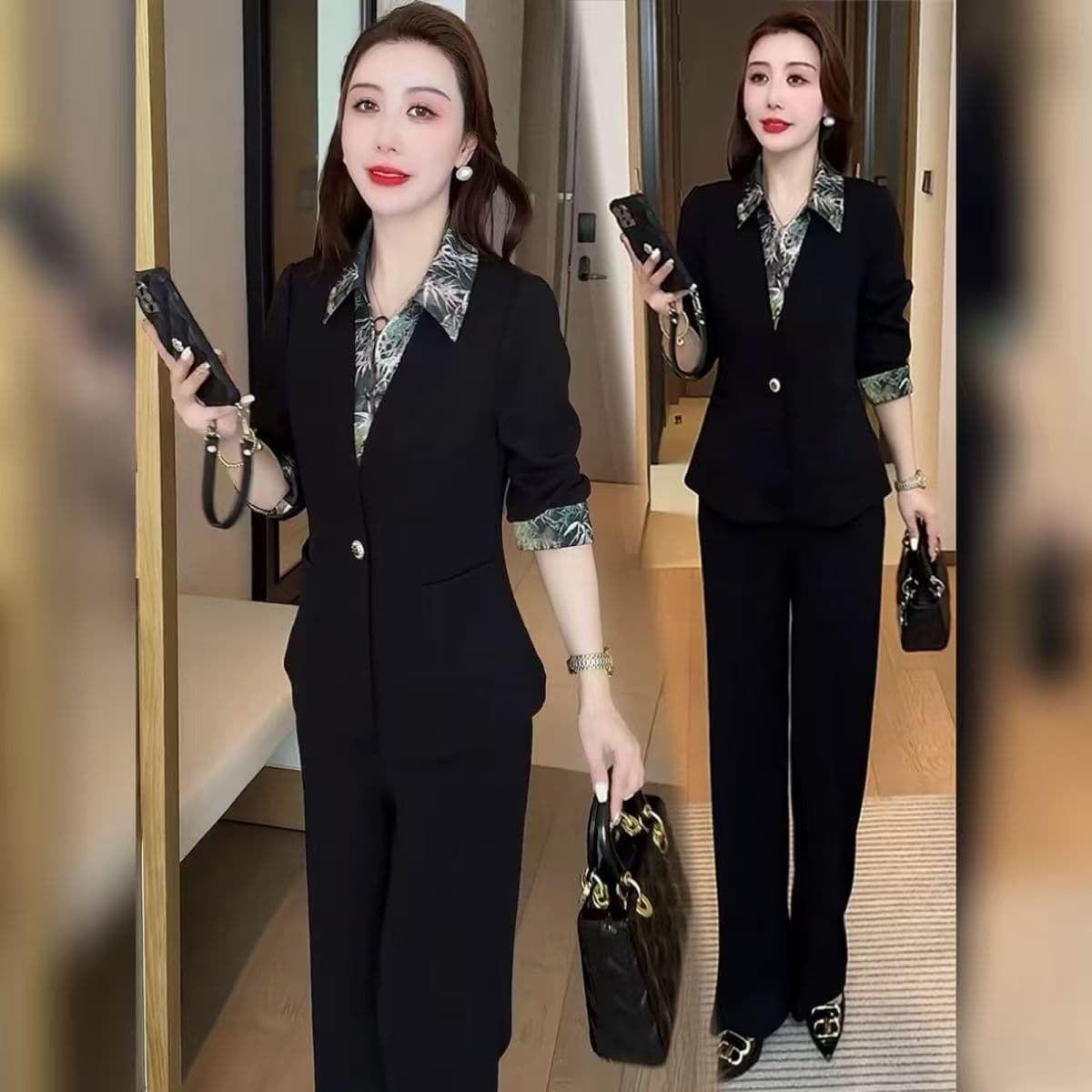 페이크 레이어드 패션 세트 여성 봄 가을 새로운 프린트 POLO 칼라 긴팔 블레이저 품격 착용 가져 가라. 전체 집합 이미지 3