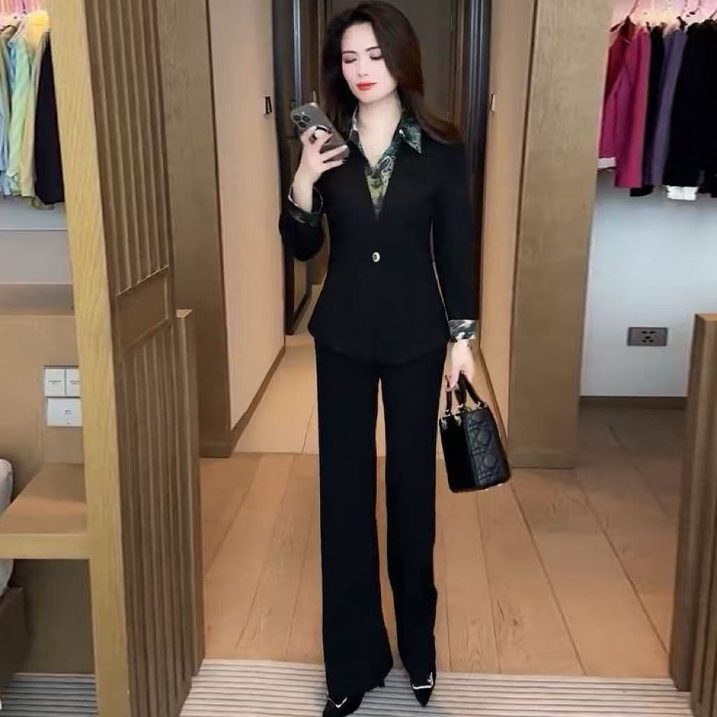페이크 레이어드 패션 세트 여성 봄 가을 새로운 프린트 POLO 칼라 긴팔 블레이저 품격 착용 가져 가라. 전체 집합 상세 이미지 9