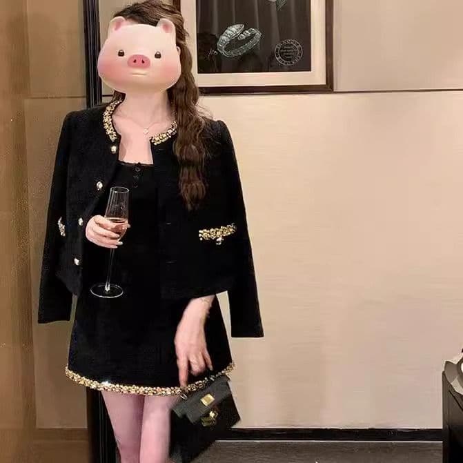2025 년 가을 부유 한 가족 천 골드 보라색 작은 샤넬 스타일 세트 드레스 여성 고급 센스 짧은 외투 품격 명문 여성 투피스 세트 이미지 3