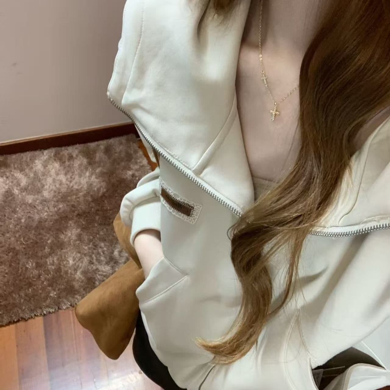 얇은 스타일 인사이드 펌프 이후 패키지 칼라 순수한 Mianhua 면 칫솔질 복합 후드티 여성 이미지 5