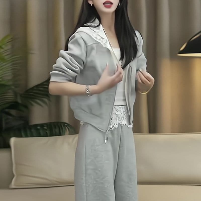 유럽 역 캐주얼 스포츠 슈트 여성 2026 새로운 봄 가을 패션 패치워크 레이스 쇼트 스타일 후드티 와이드 레그 팬츠 이미지 2