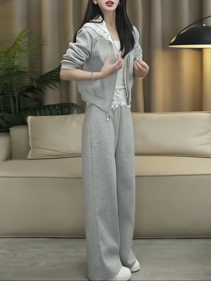 유럽 역 캐주얼 스포츠 슈트 여성 2026 새로운 봄 가을 패션 패치워크 레이스 쇼트 스타일 후드티 와이드 레그 팬츠 상세 이미지 3