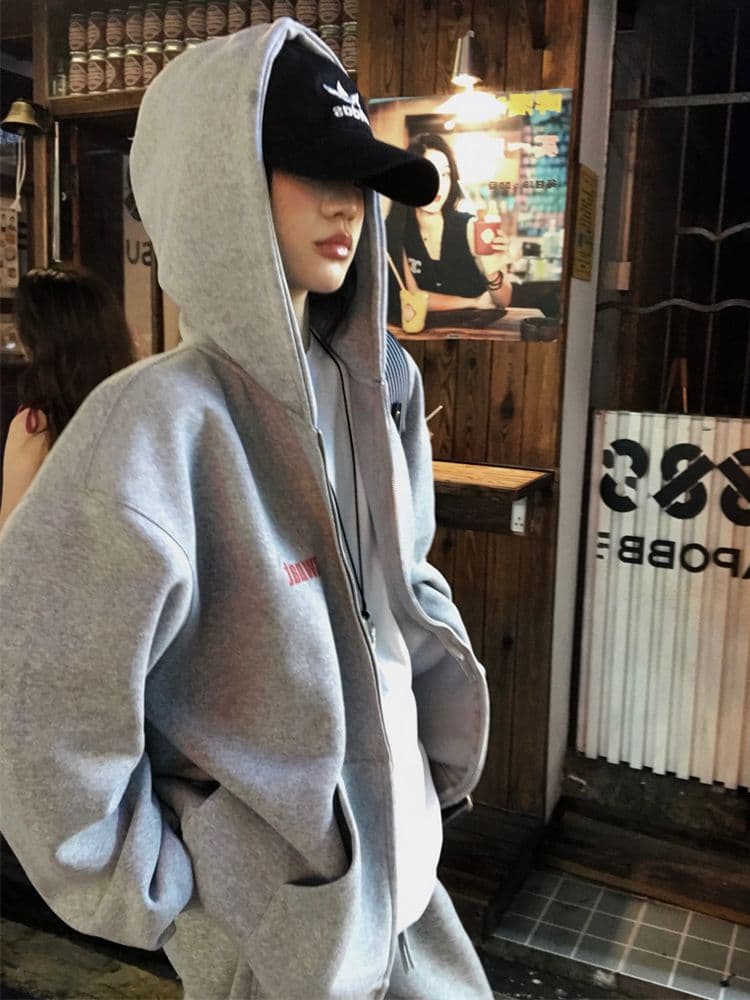 280 그램 남자 바 면 느긋한 바람 아메리칸 프린트 지퍼 후드티 여성 가을 새로운 루즈핏 카디건 코트 로드 중 상세 이미지 10