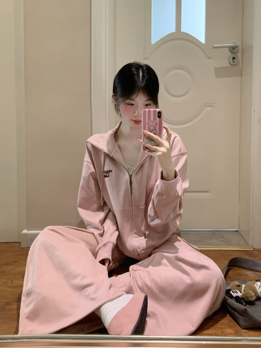 학원 스타일 운동복 세트 여성 가을 겨울 루즈핏 슬림해 보이는 한국 스타일 패션 연령 감소 후드티 웨이 바지 캐주얼 투피스 세트 상세 이미지 5