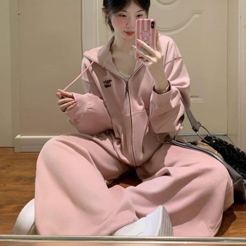 학원 스타일 운동복 세트 여성 가을 겨울 루즈핏 슬림해 보이는 한국 스타일 패션 연령 감소 후드티 웨이 바지 캐주얼 투피스 세트 상세 이미지 18