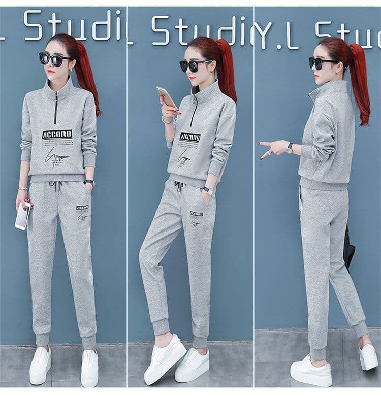 캐주얼 스포츠 슈트 여성 봄 가을 새로운 패션 스탠드 칼라 루즈핏 긴팔 투피스 세트 상세 이미지 12