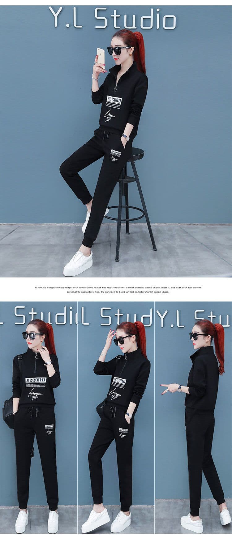 캐주얼 스포츠 슈트 여성 봄 가을 새로운 패션 스탠드 칼라 루즈핏 긴팔 투피스 세트 상세 이미지 14