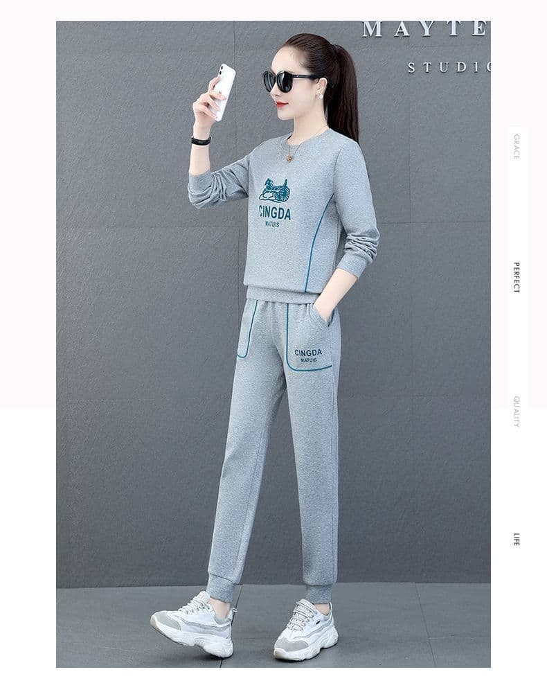 봄 가을 스포츠 슈트 여성 새로운 한국 스타일 루즈핏 빅 사이즈 캐주얼 패션 투피스 세트 상세 이미지 21