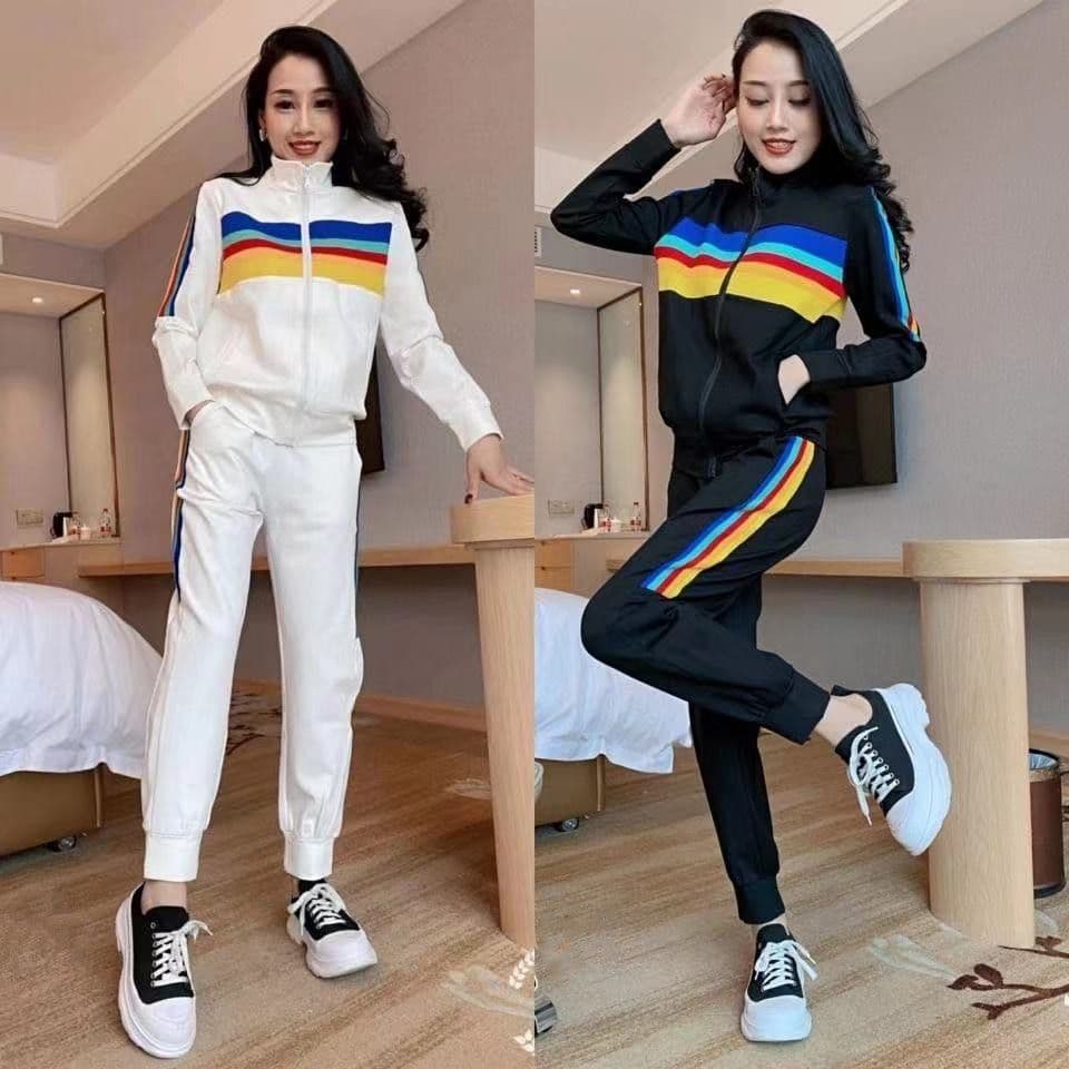 캐주얼 스포츠 슈트 여성 봄 가을 새로운 외국 가스 무지개 패션 러닝 투피스 세트