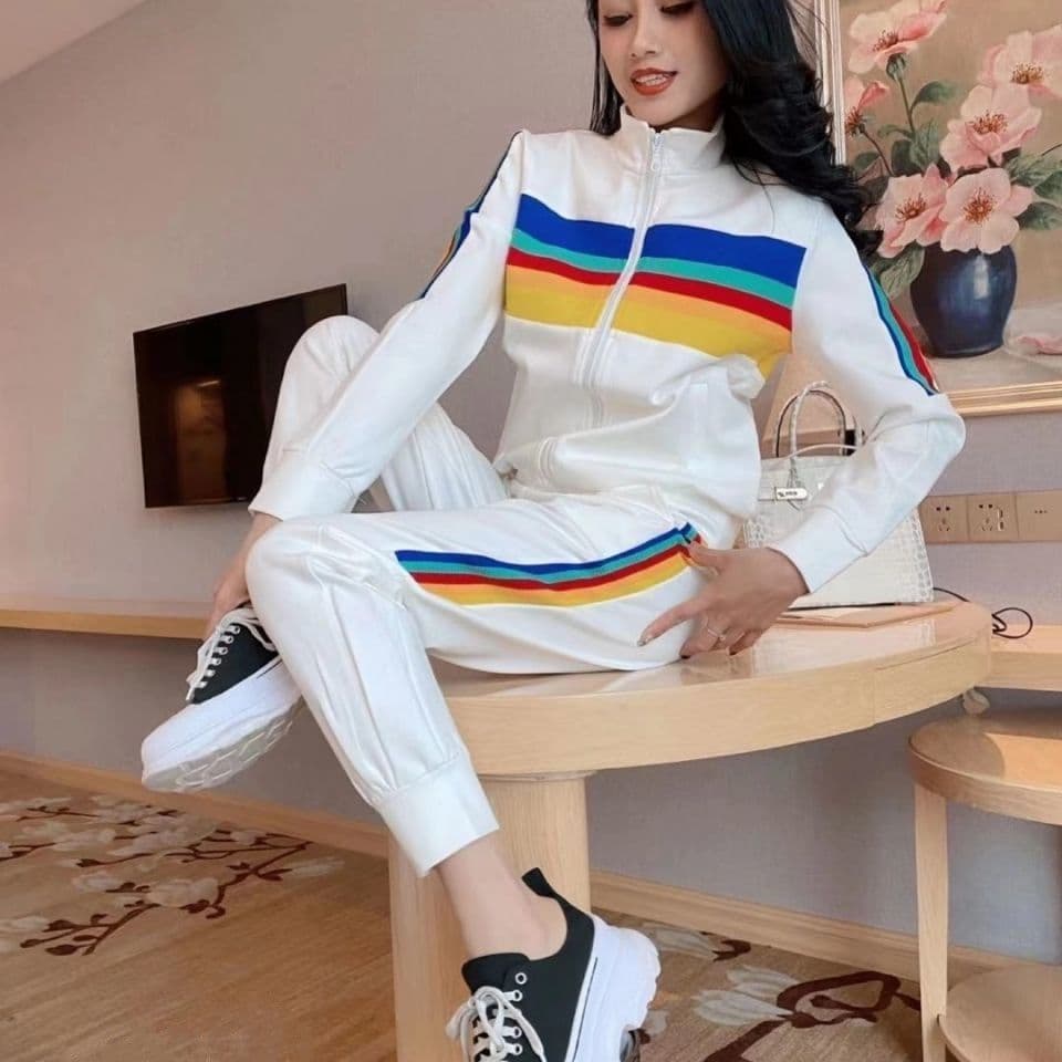 캐주얼 스포츠 슈트 여성 봄 가을 새로운 외국 가스 무지개 패션 러닝 투피스 세트 이미지 2