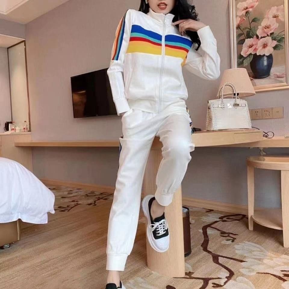 캐주얼 스포츠 슈트 여성 봄 가을 새로운 외국 가스 무지개 패션 러닝 투피스 세트 이미지 4