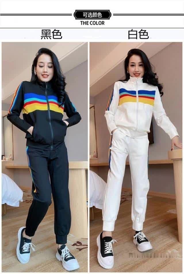 캐주얼 스포츠 슈트 여성 봄 가을 새로운 외국 가스 무지개 패션 러닝 투피스 세트 상세 이미지 2