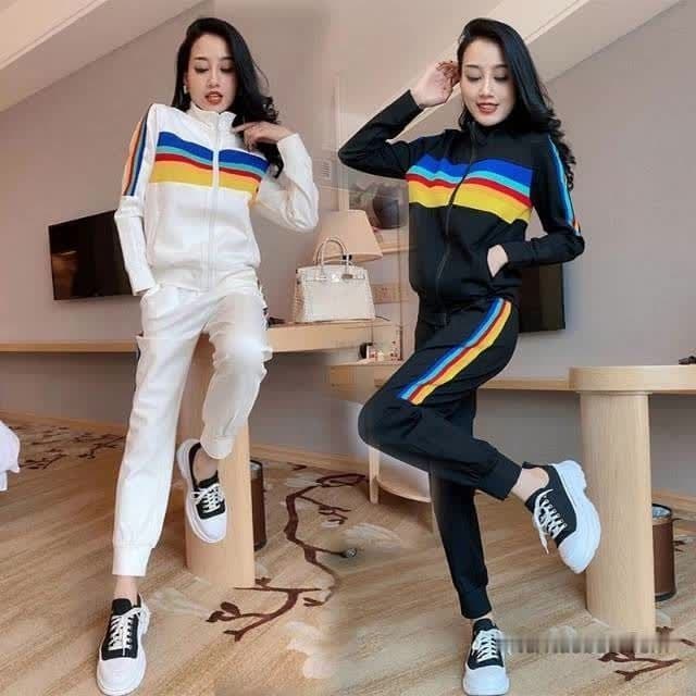 캐주얼 스포츠 슈트 여성 봄 가을 새로운 외국 가스 무지개 패션 러닝 투피스 세트 상세 이미지 3