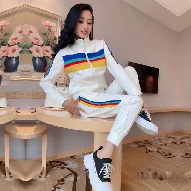 캐주얼 스포츠 슈트 여성 봄 가을 새로운 외국 가스 무지개 패션 러닝 투피스 세트 상세 이미지 8