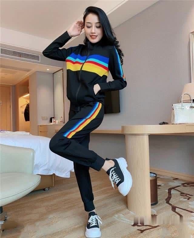 캐주얼 스포츠 슈트 여성 봄 가을 새로운 외국 가스 무지개 패션 러닝 투피스 세트 상세 이미지 10