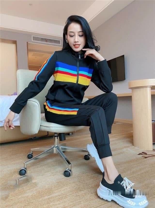 캐주얼 스포츠 슈트 여성 봄 가을 새로운 외국 가스 무지개 패션 러닝 투피스 세트 상세 이미지 13
