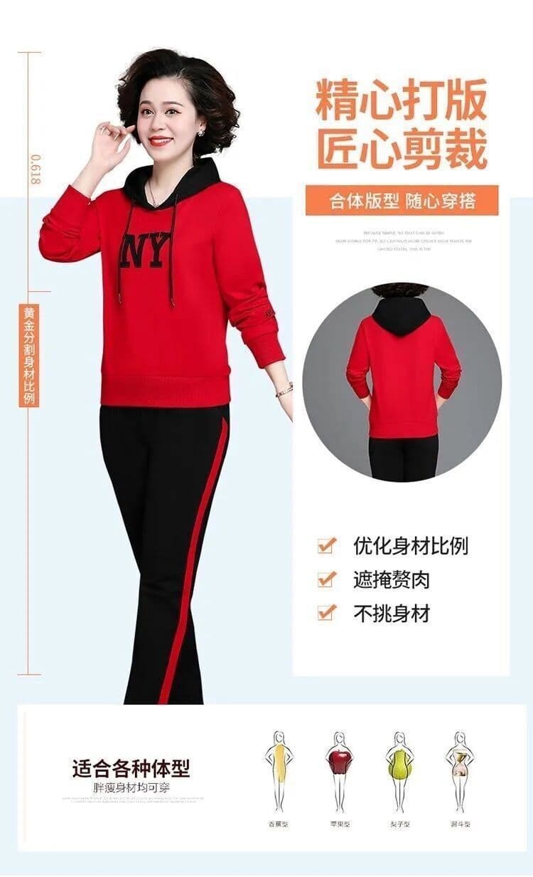 봄 가을 패션 여성 후드티 새로운 중노년 캐주얼 스포츠 슈트 투피스 세트 상세 이미지 4