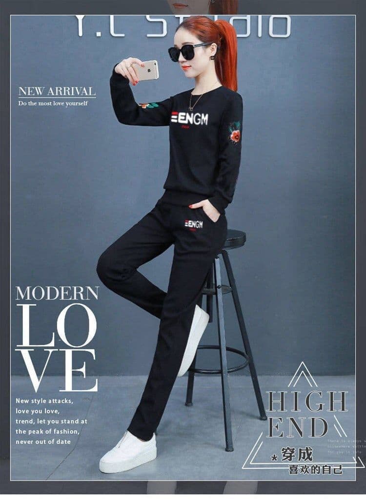 스포츠 슈트 여성 봄 가을 새로운 루즈핏 한국 스타일 캐주얼웨어 긴팔 긴 바지 투피스 세트 상세 이미지 2