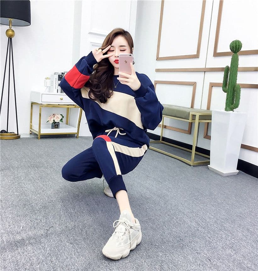 봄 가을 세트 여자 학생 캐주얼 한국 스타일 패션 루즈핏 작은 발 바지 투피스 세트 상세 이미지 4