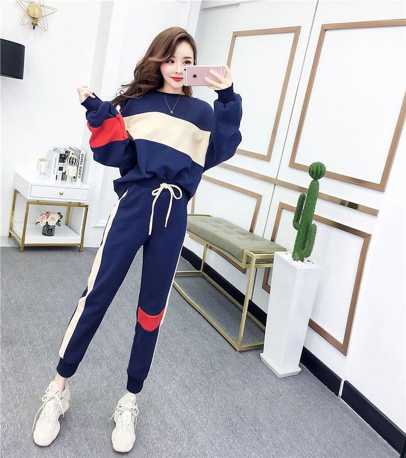 봄 가을 세트 여자 학생 캐주얼 한국 스타일 패션 루즈핏 작은 발 바지 투피스 세트 상세 이미지 9