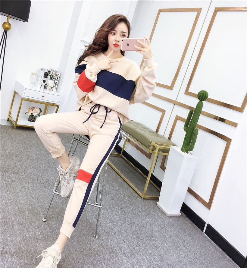 봄 가을 세트 여자 학생 캐주얼 한국 스타일 패션 루즈핏 작은 발 바지 투피스 세트 상세 이미지 16